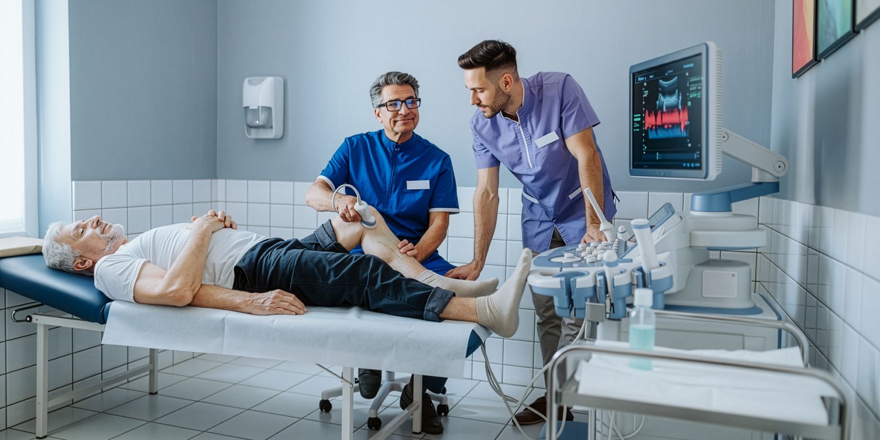 Il diabetologo esegue un ecocolordoppler alle gambe di un paziente, affiancato da un giovane medico in formazione
