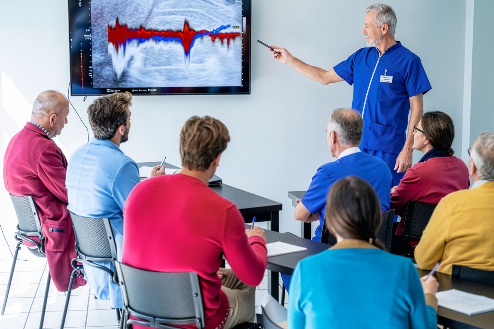 Corso di formazione per medici: il relatore illustra un ecocolordoppler della carotide