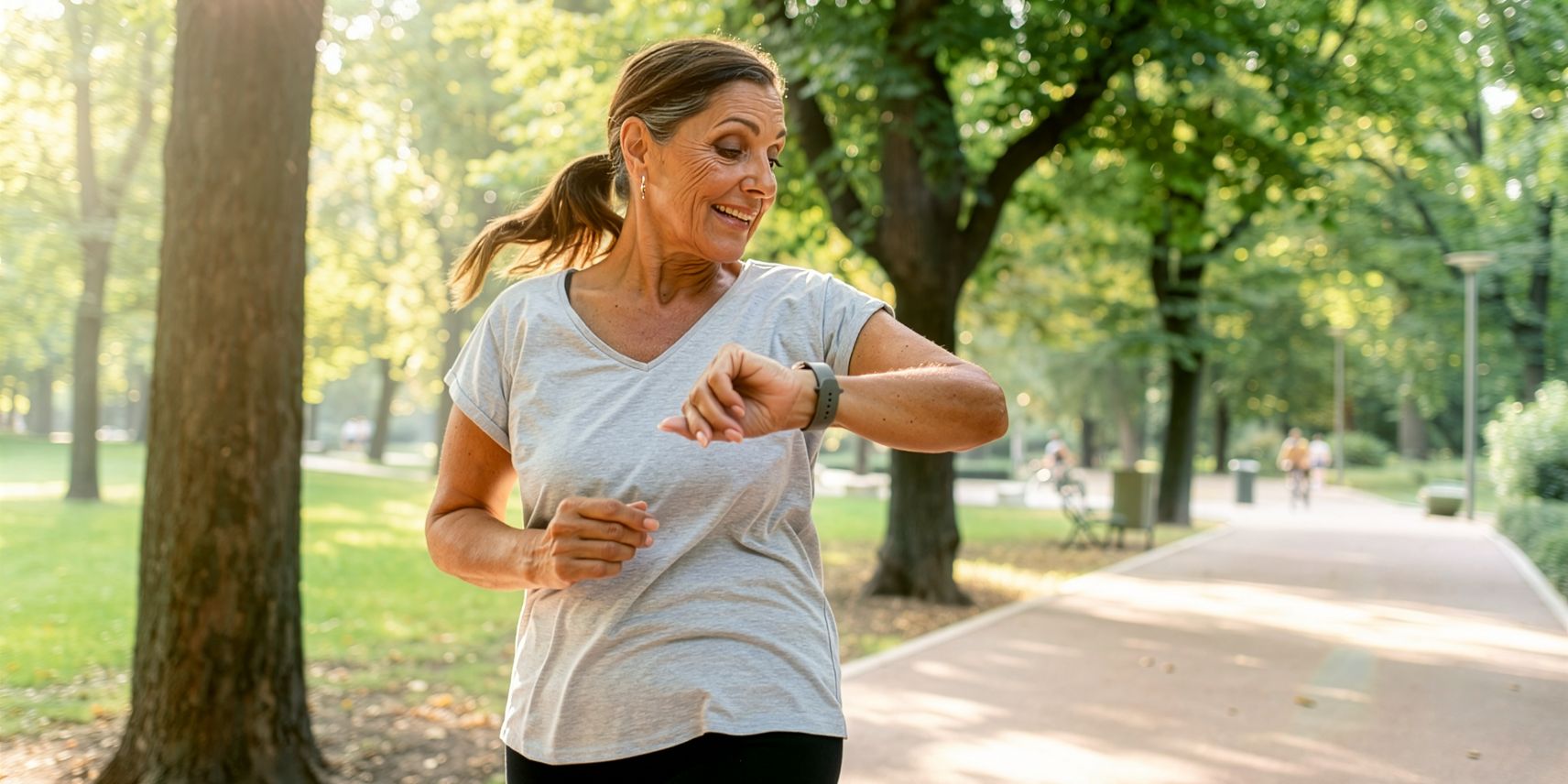 Donna di 55 anni che cammina a passo svelto nel parco controllando lo smartwatch