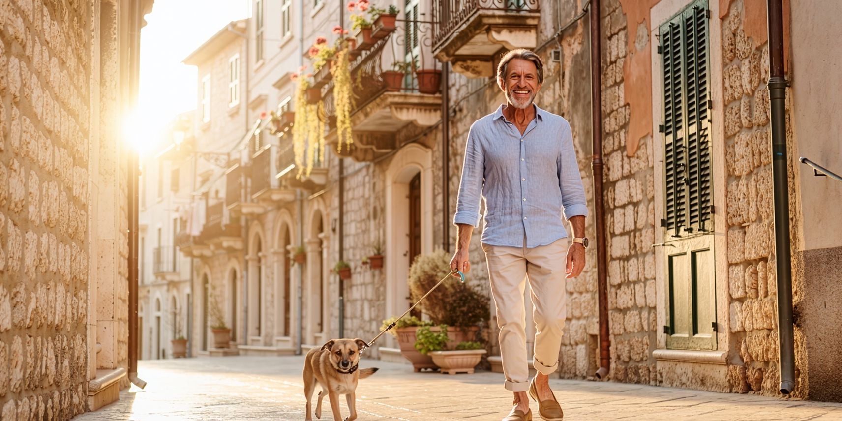 Uomo di 60 anni che passeggia con il cane in una via del centro storico