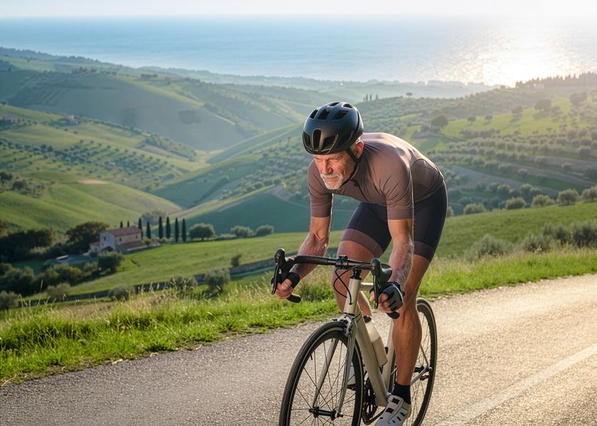 Un uomo pedala in salita sulle colline della Calabria: attività intensa
