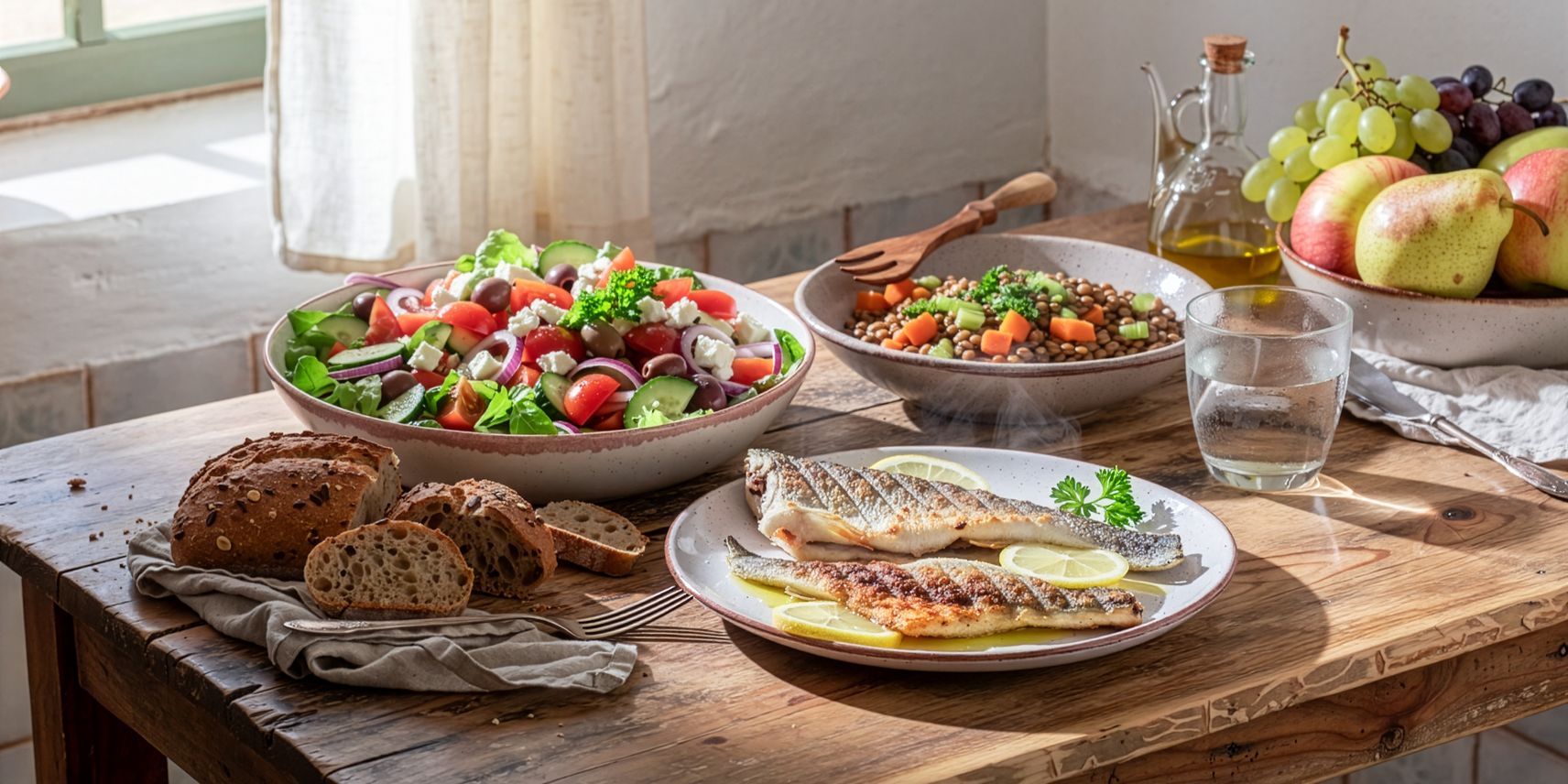 Un pranzo mediterraneo: pesce alla griglia, insalata, lenticchie, pane integrale e frutta