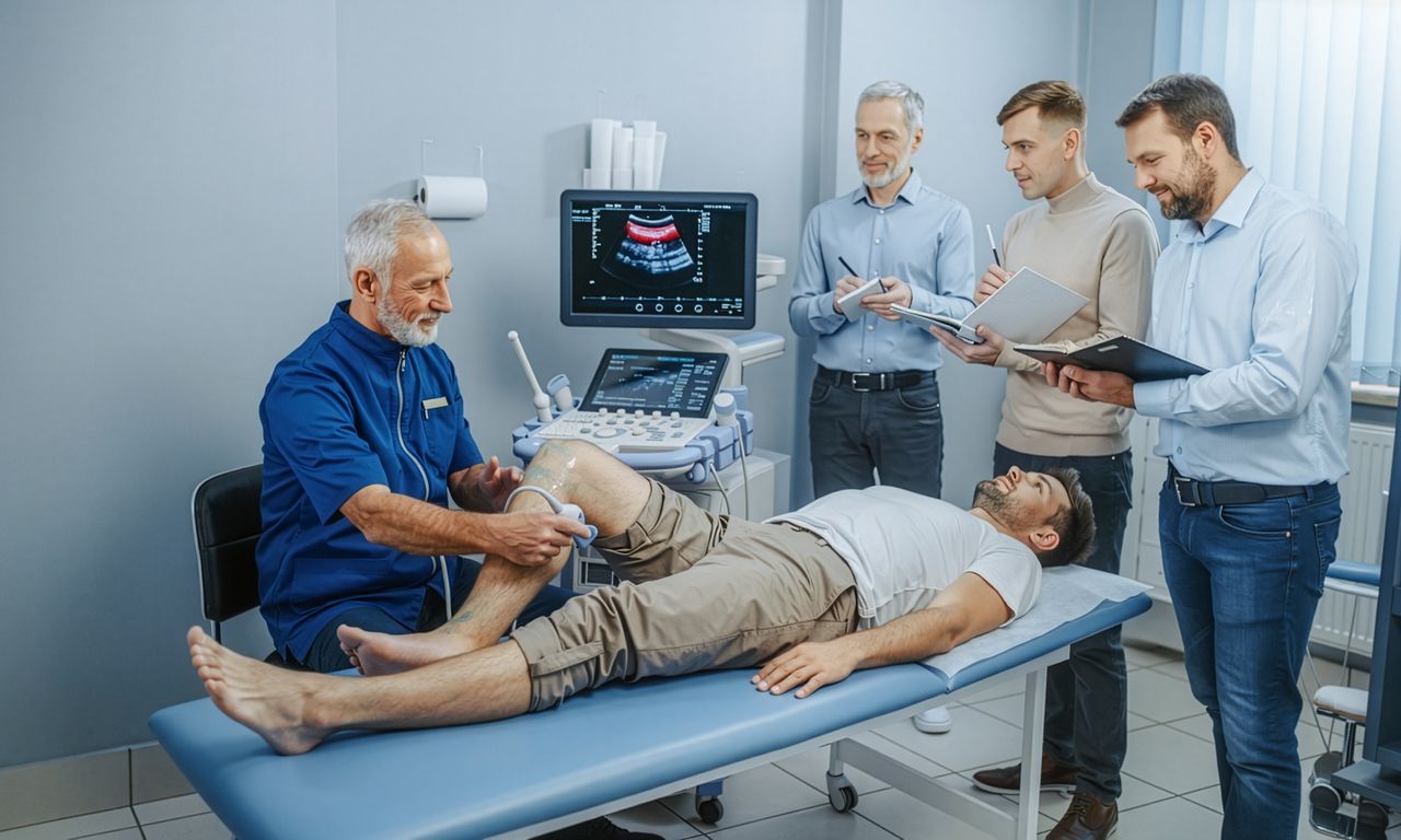 Corso pratico per medici: il tutor mostra l’ecocolordoppler delle gambe su un volontario